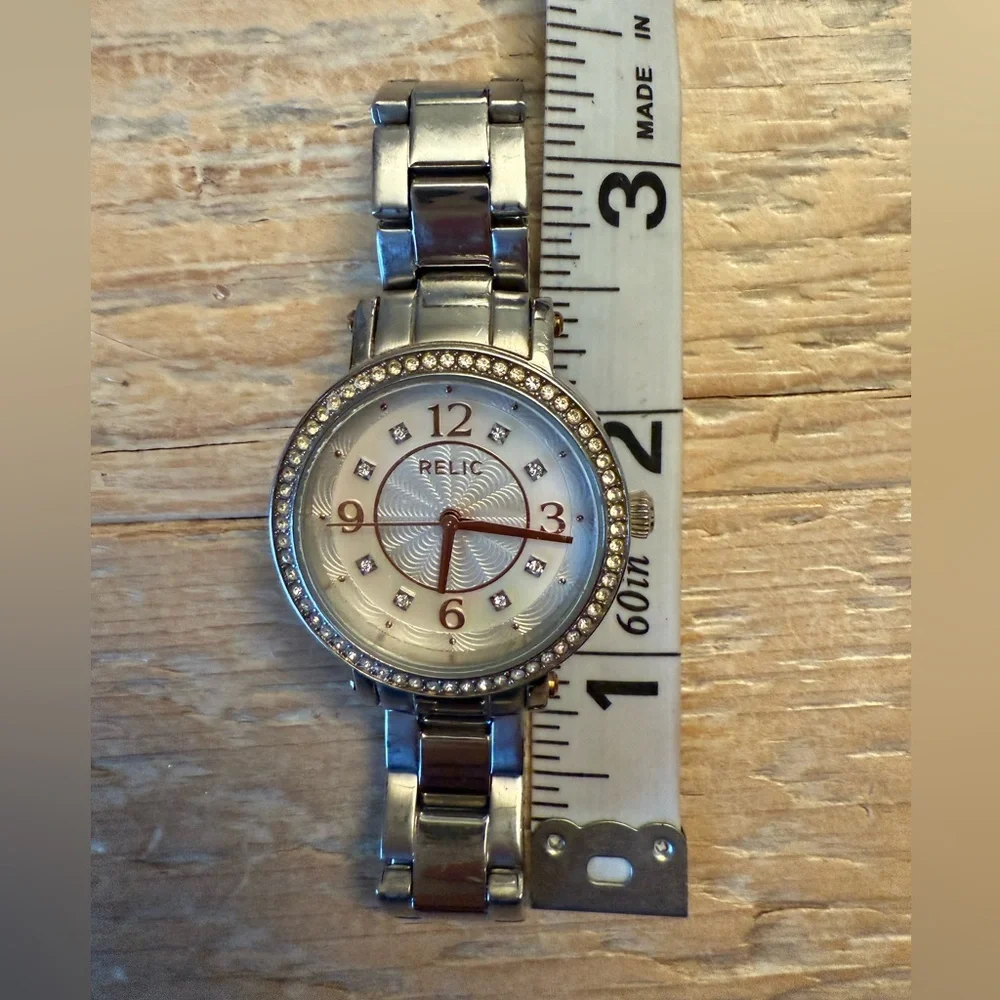 Relic Silver-Tone and Rose Gold Hands Crystal Accent Women's Bracelet Watch